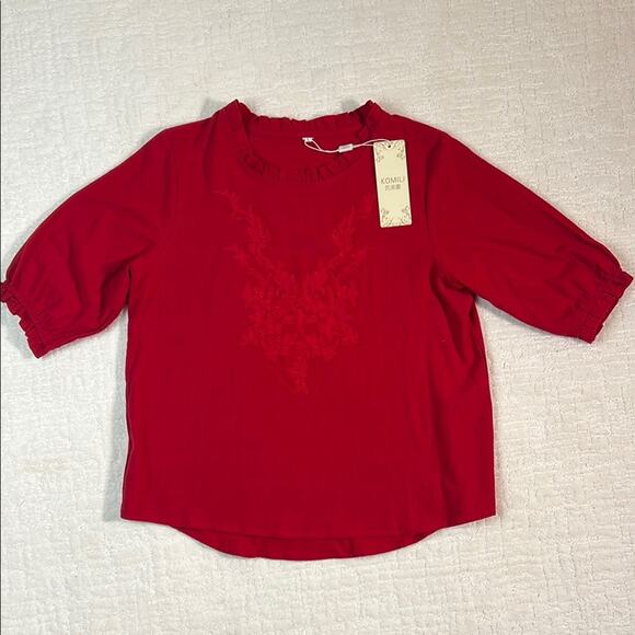 New! Komili romantic red embroidered ruffle neck puff sleeves feminine top L - Picture 2 of 9